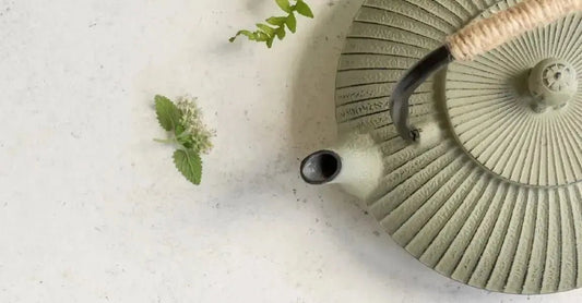 A photo of a beautiful sage green teapot with a few herbs around it.
