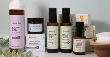 A photo of Simple Body's new color-coded packaging system including Simple Body Lavender Foaming Face Wash, Simple Body Face Cream, Simple Body Exfoliate + Glow Botanic Skin Tonic, Simple Body Clean Sweep Toner, and Simple Body Barrier Defense Serum.