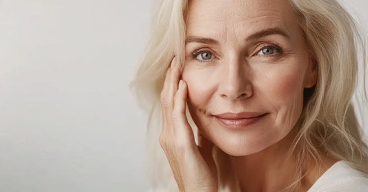 A photo of a beautiful mature woman with silver blonde hair looking directly at you and smiling with her hand on her face.