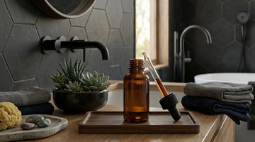 An AI generated image of an amber bottle with brown serum in the dropper in a modern black bathroom.
