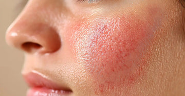 A photo of a woman from the side with a close up of her disrupted skin barrier showing red, irritated, and dry skin.