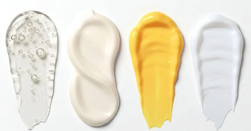 A photo of 4 textures of skincare A Pineapple and Papaya Enzyme Mask, Face Cream, Beauty Balm, and Serum