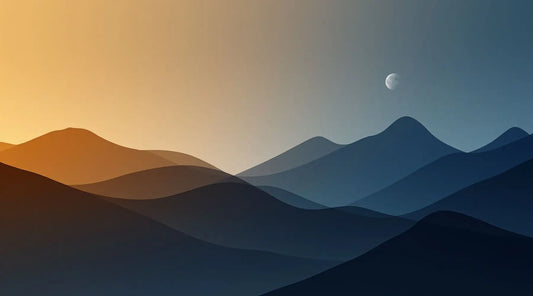 An illustration representing a persons circadian rhythm beginning with a sunrise flowing to a moon and nightfall 