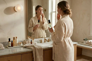 A pregnant woman looks in the mirror while doing her skincare routine holding a bottle of Clean Sweep Toner by Simple Body