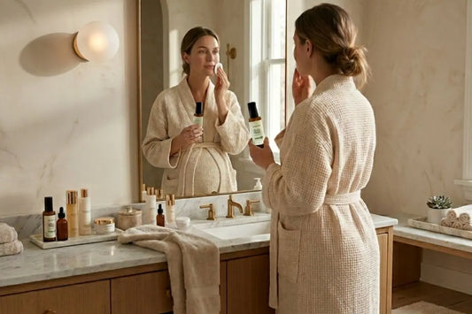 A pregnant woman looks in the mirror while doing her skincare routine holding a bottle of Clean Sweep Toner by Simple Body