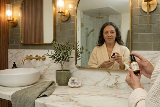 A woman stands in a beautiful bathroom holding a bottle of Barrier Defense Serum from Simple Body in a white robe with dark hair.