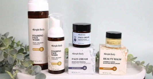 A photo of a Simple Body skincare routine including Chamomile Foaming Face Wash, Face Cream and Beauty Balm.