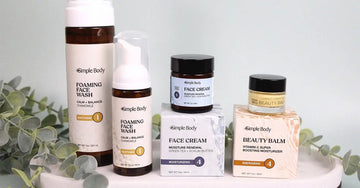 A photo of a Simple Body skincare routine including Chamomile Foaming Face Wash, Face Cream and Beauty Balm.