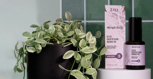 A photo of Simple Body's Eye Defense Serum for dark circles, puffiness, and wrinkles next to a plant and a tiled green background.
