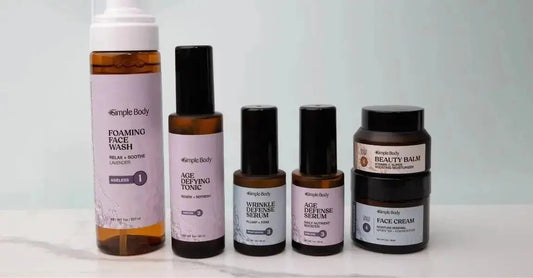 A photo of Simple Body's Age Supporting Kit which includes Lavender Foaming Face Wash, Age Defying Skincare Tonic, Wrinkle Defense Serum, Age Defense Serum, Beauty Balm and Face Cream.
