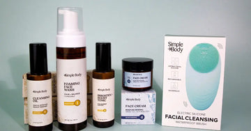 A photo of Simple Body's Sensitive Skincare Kit including Cleansing Oil, Chamomile Foaming Face Wash, Brighten and Boost Skin Tonic, Face Cream and a silicone Facial Cleansing Brush