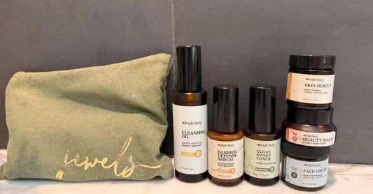 A photo of a dark green cosmetic bag with "Jewels" in gold on the front, a Cleansing Oil, Barrier Defense Serum, Clean Sweep Toner, Skin Rescue, Beauty Balm, and Face Cream all in travel-approved sized containers