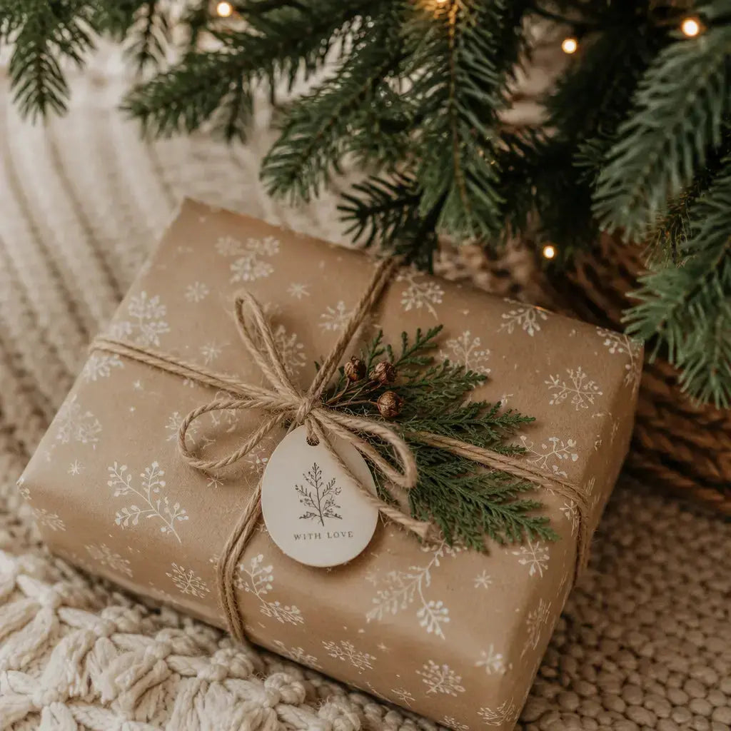 A beautifully wrapped gift with natural kraft paper, a cedar branch and gift tag under a tree with a natural macrame rug