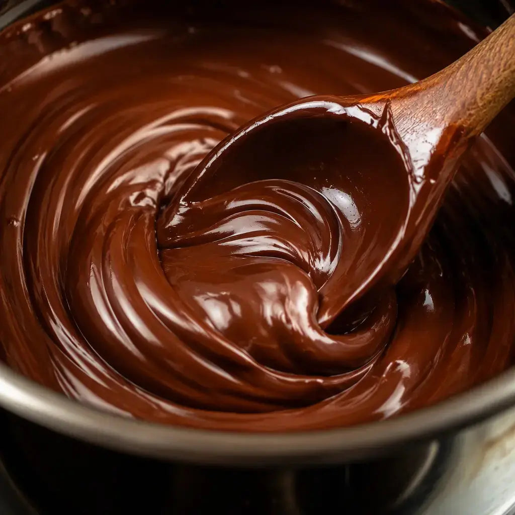 Close-up of glossy melted chocolate being stirred in a metal bowl with a wooden spoon.