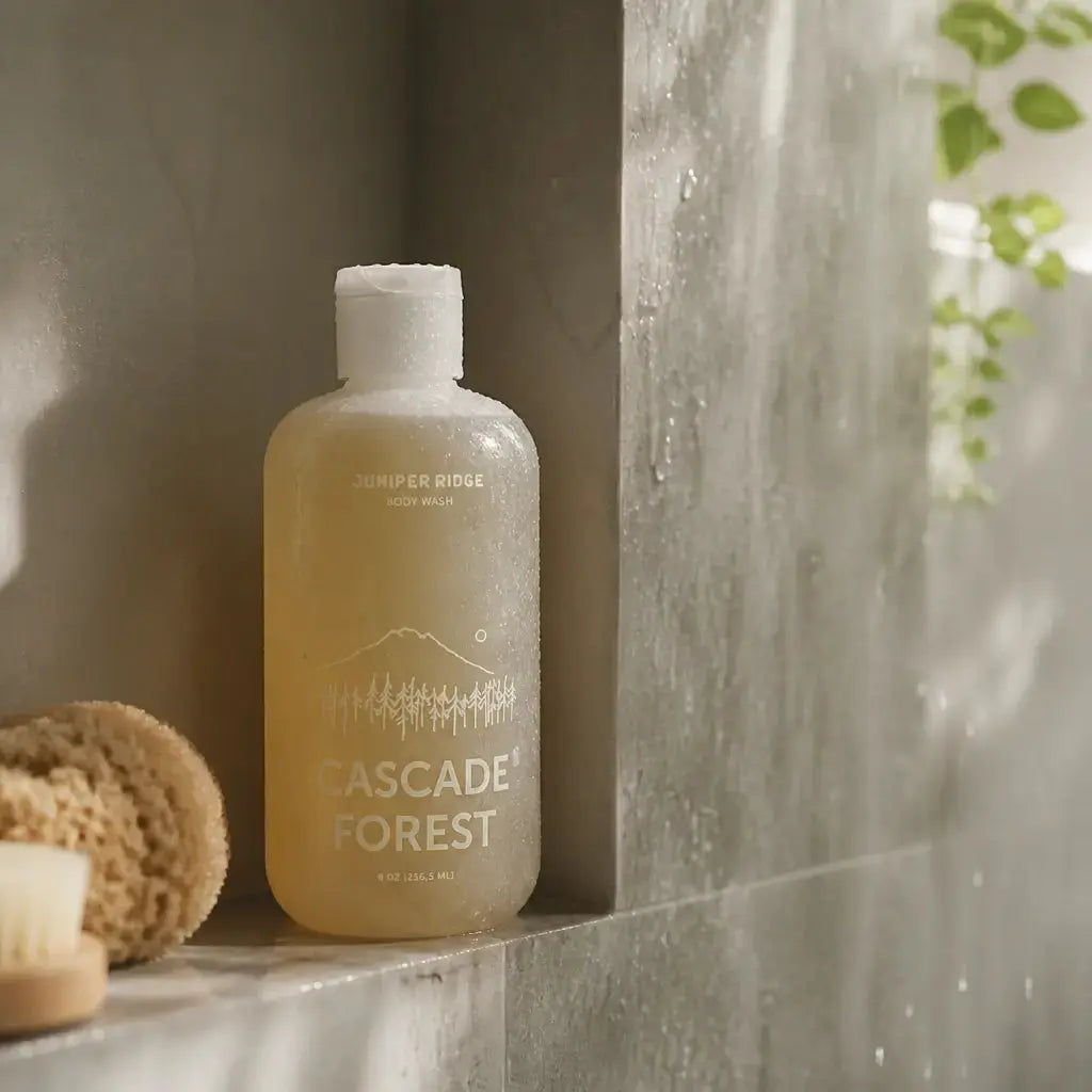 A bottle of Juniper Ridge Cascade Forest Body Wash in a beige shower with green leaves a natural sponge and a body brush.