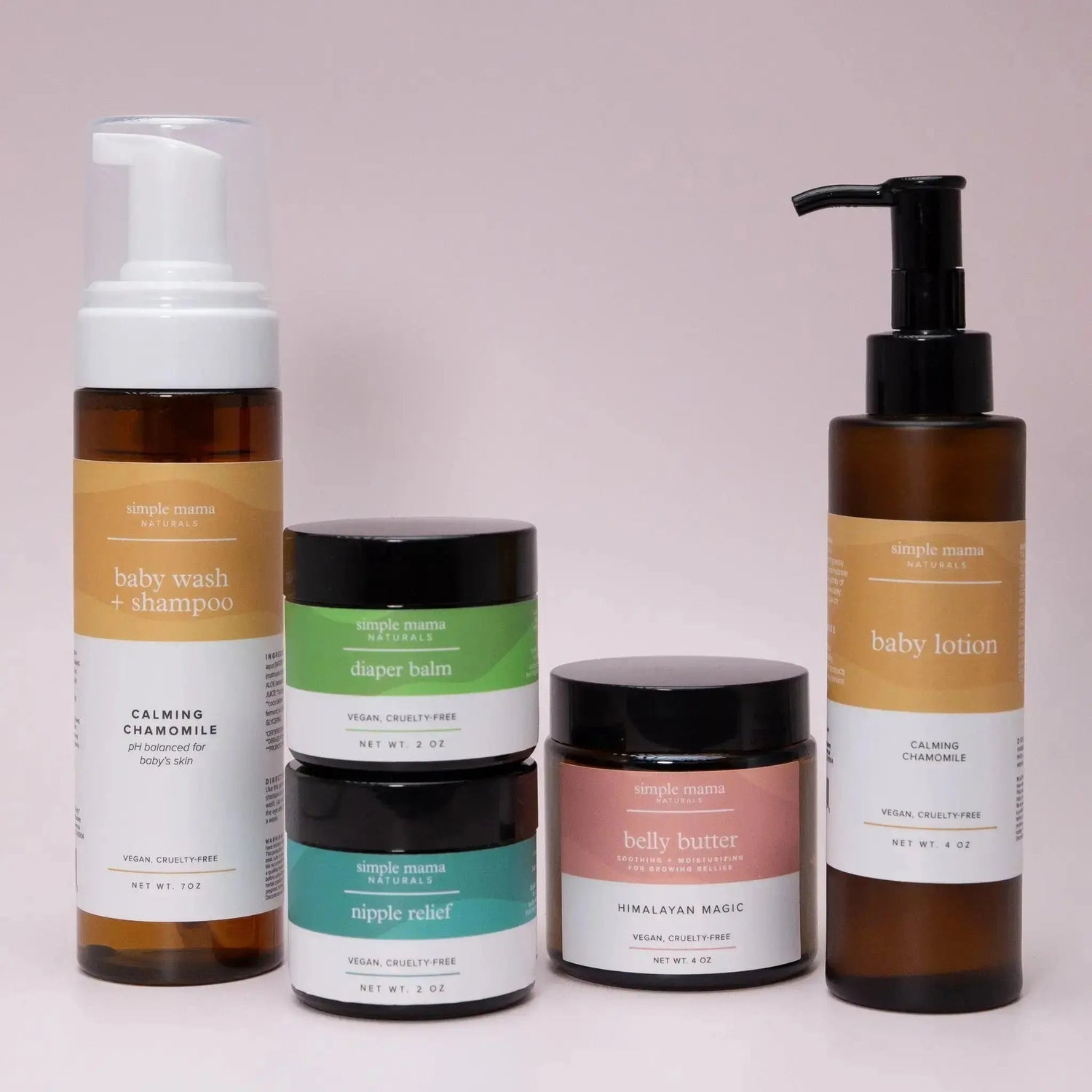 A collection of products by Simple Mama including a Gentle Baby Wash and Shampoo, Diaper Balm, Nipple Relief Balm, Belly Butter, and Baby Lotion