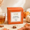 A box of Lumi Pumpkin Spice Chai herbal tea sits on a stone surface with a glass of tea, autumn leaves, cinnamon, star anise, and small pumpkins around it.