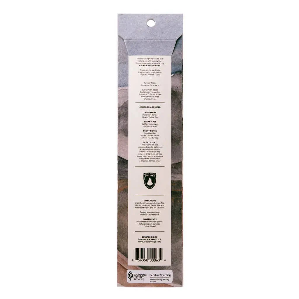 A package of Juniper Ridge Campfire Incense in California Juniper with instructions, ingredients, barcode  and a logo on a white background