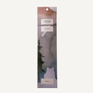 Juniper Ridge Campfire Incense Douglas fir packaged product with watercolor design and 26 sticks white background.