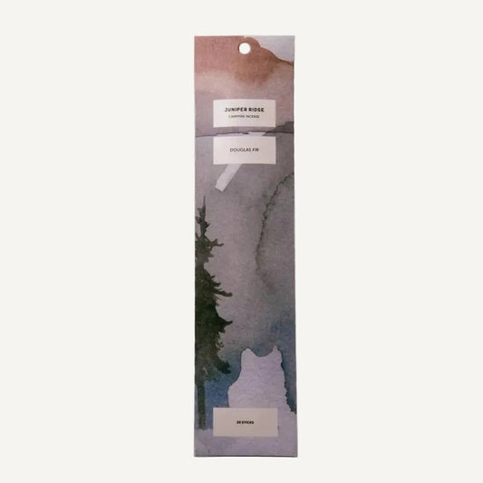 Juniper Ridge Campfire Incense Douglas fir packaged product with watercolor design and 26 sticks white background.
