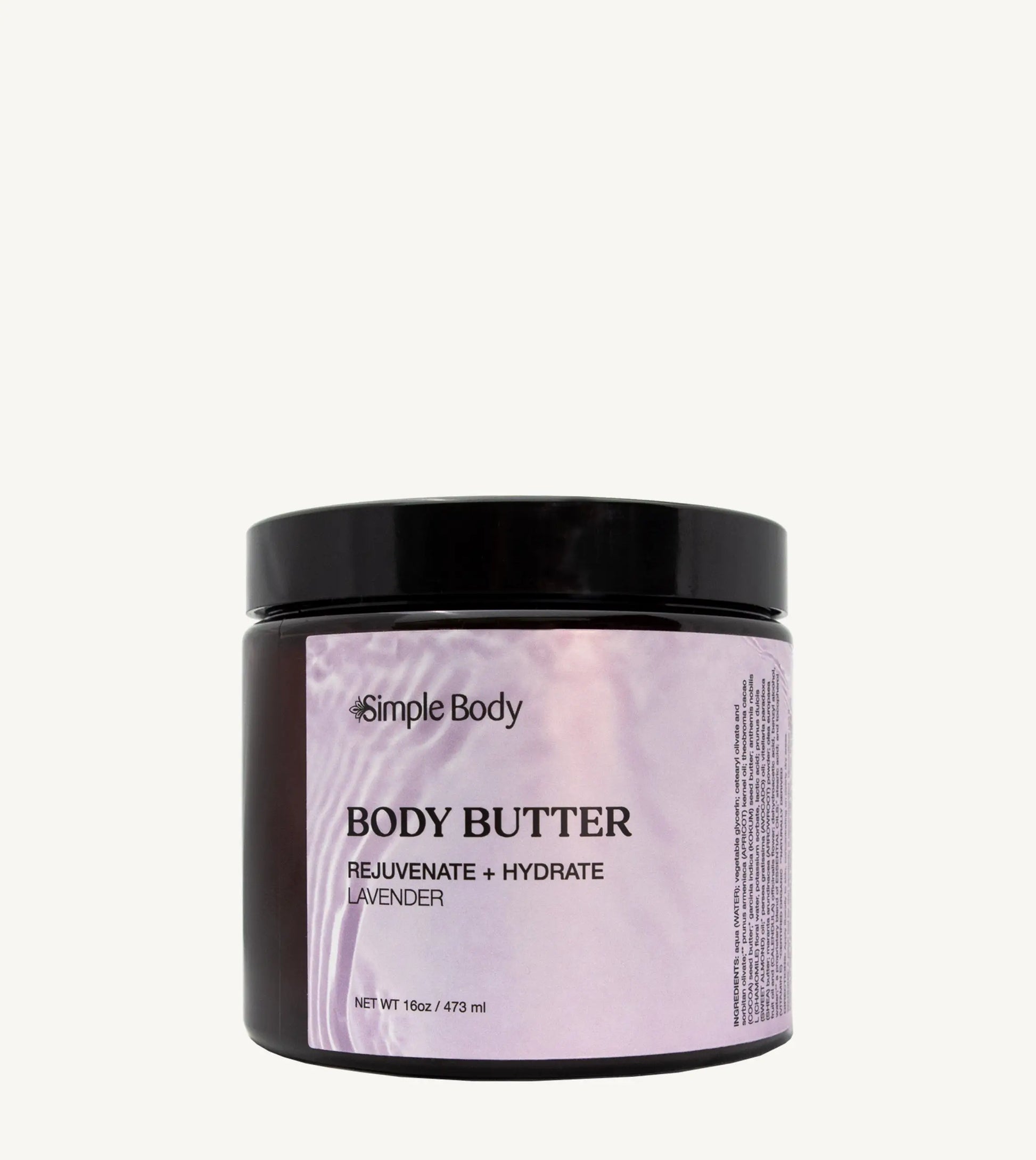 Jar of Simple Body lavender body butter on a tan background