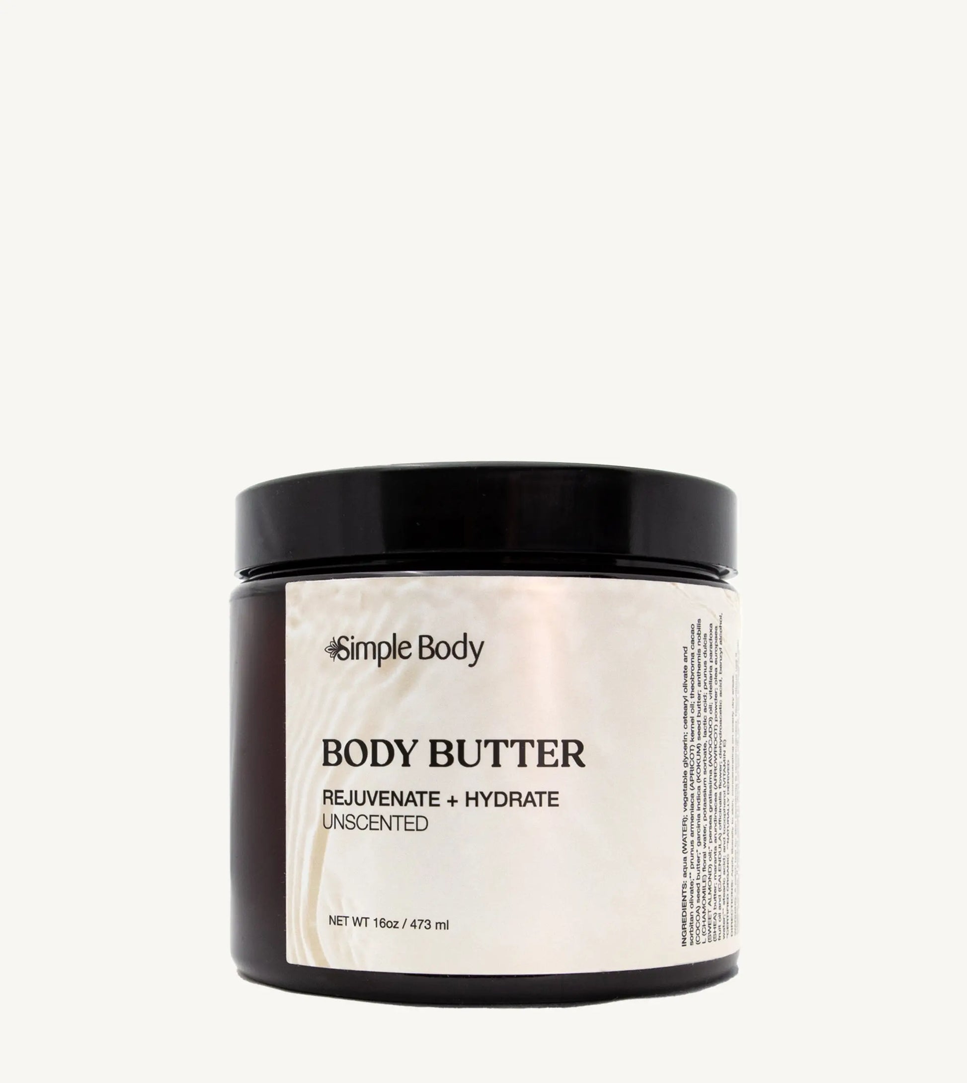 Jar of Simple Body body butter on a tan background
