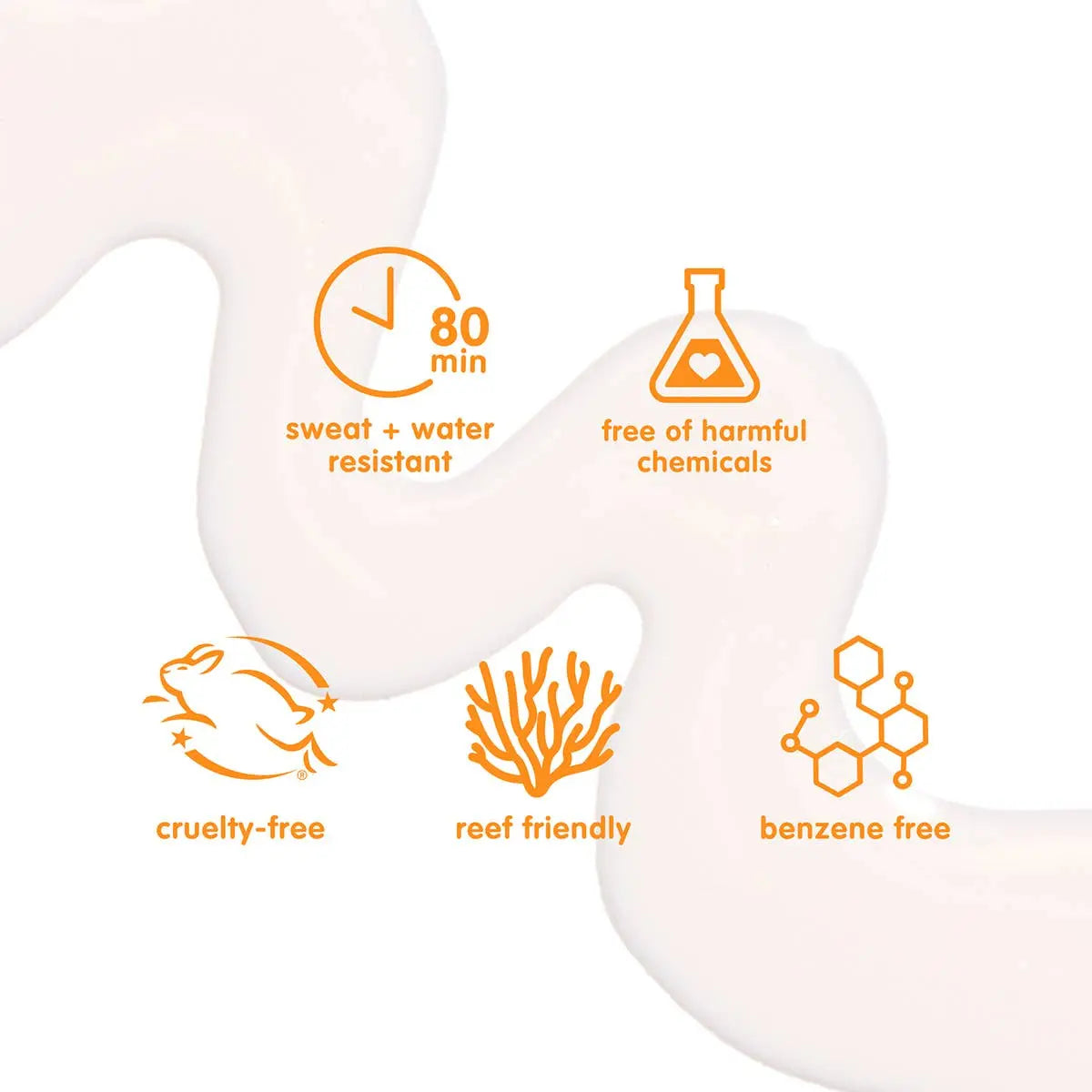 Product with icons and text highlighting features like sweat and water resistance, being free of harmful chemicals, being cruelty-free, reef friendly, and benzene free.