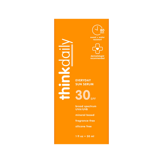 Orange packaging of thinkdaily Everyday Sun Serum with SPF 30 on a white background