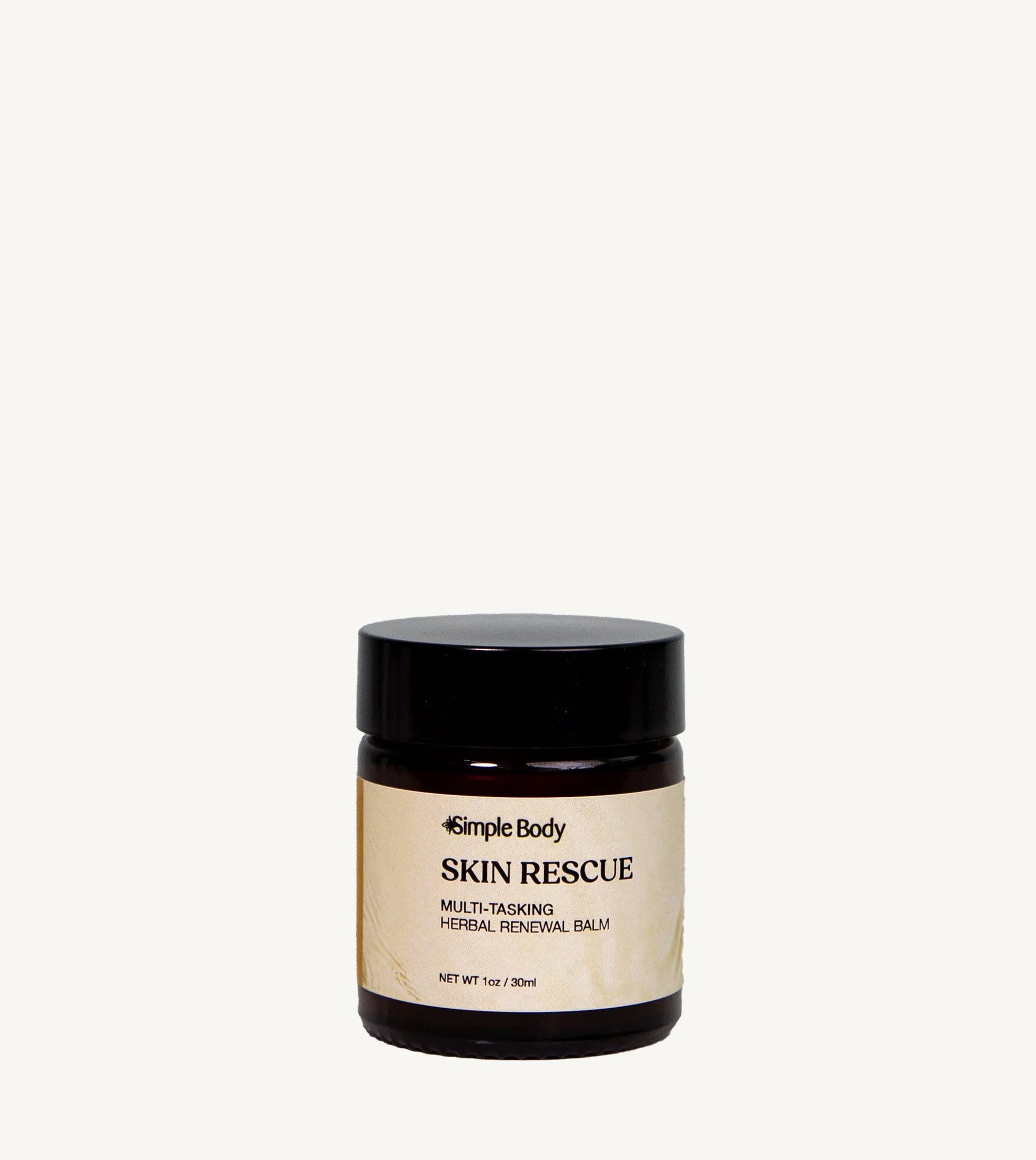 A jar of Simple Body Skin Rescue balm on a white background