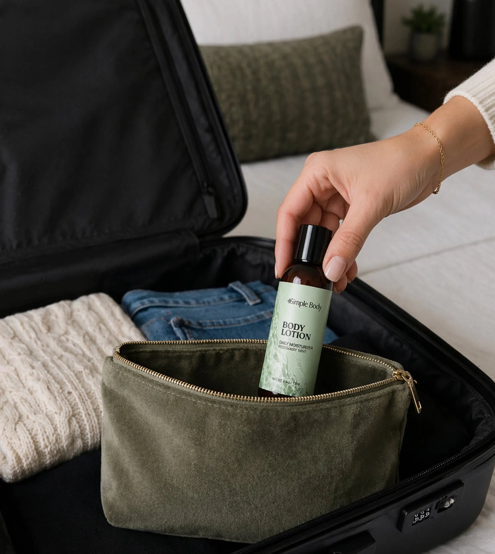 An olive green zippered cosmetic pouch sits inside an open black suitcase, with a hand placing a travel-sized Simple Body Rosemary Mint Body Lotion bottle into the pouch. Folded jeans and a knit sweater are visible in the suitcase, and a bed and pillow appear in the softly blurred background.