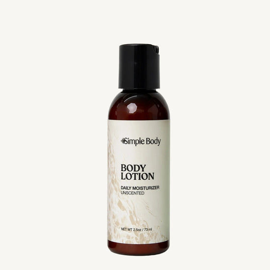 Simple Body Travel Body Lotion in unscented and fragrance free on a white background