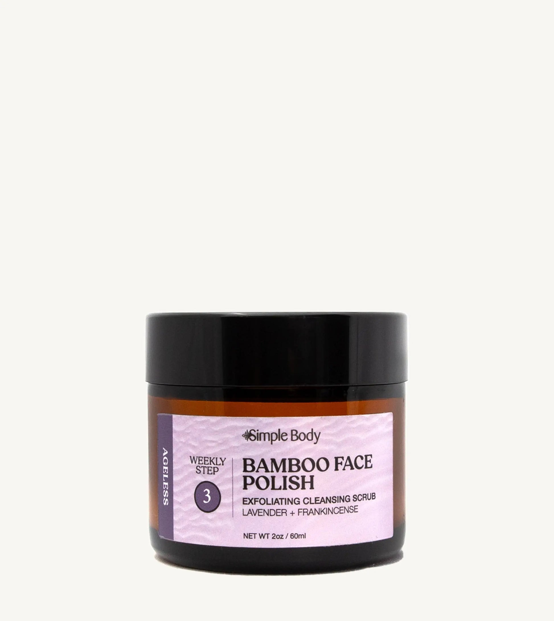 A jar of Simple Body Bamboo Face Polish with the label facing forward. The label indicates that it is an exfoliating cleansing scrub with Lavender & Frankincense.