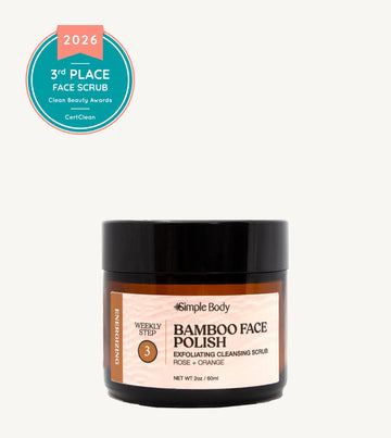 Jar of Simple Body Bamboo Face Polish with a 2026 award badge on a white background