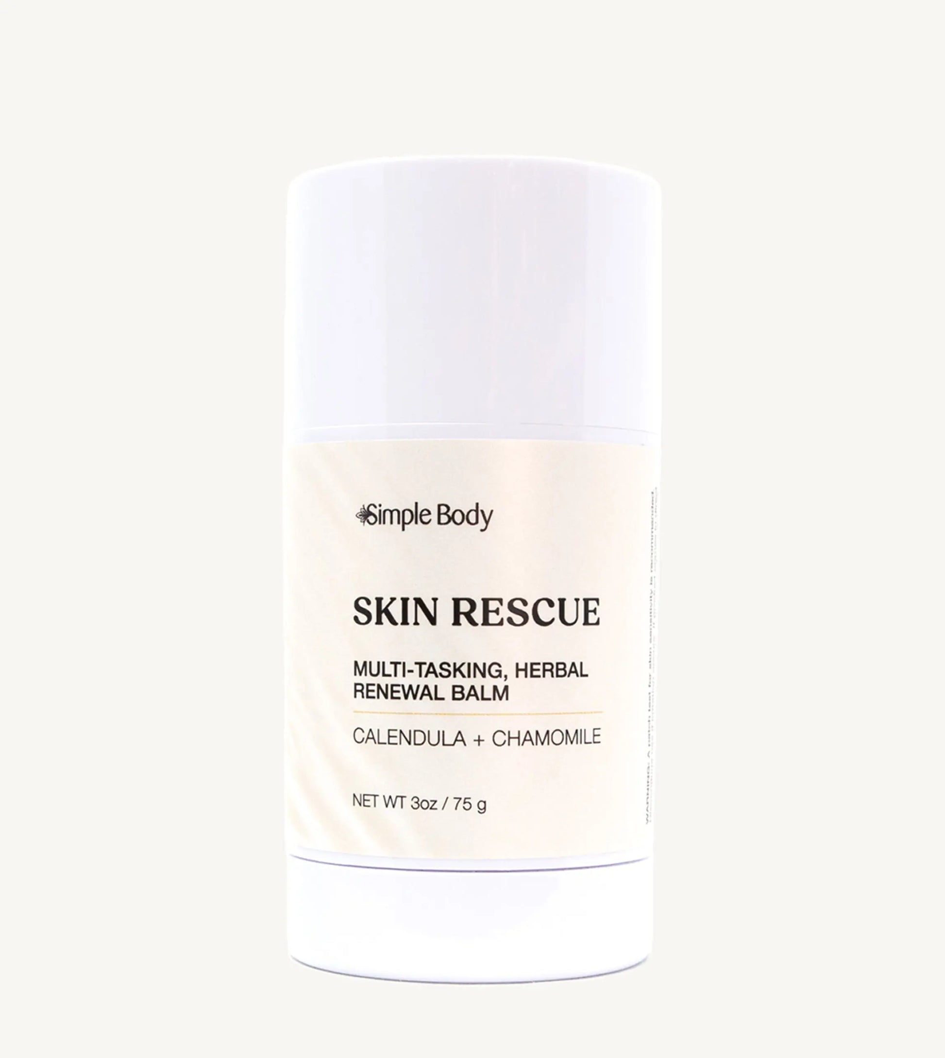 A white container of Simple Body Skin Rescue balm, labeled as multipurpose herbal balm for stressed skin.