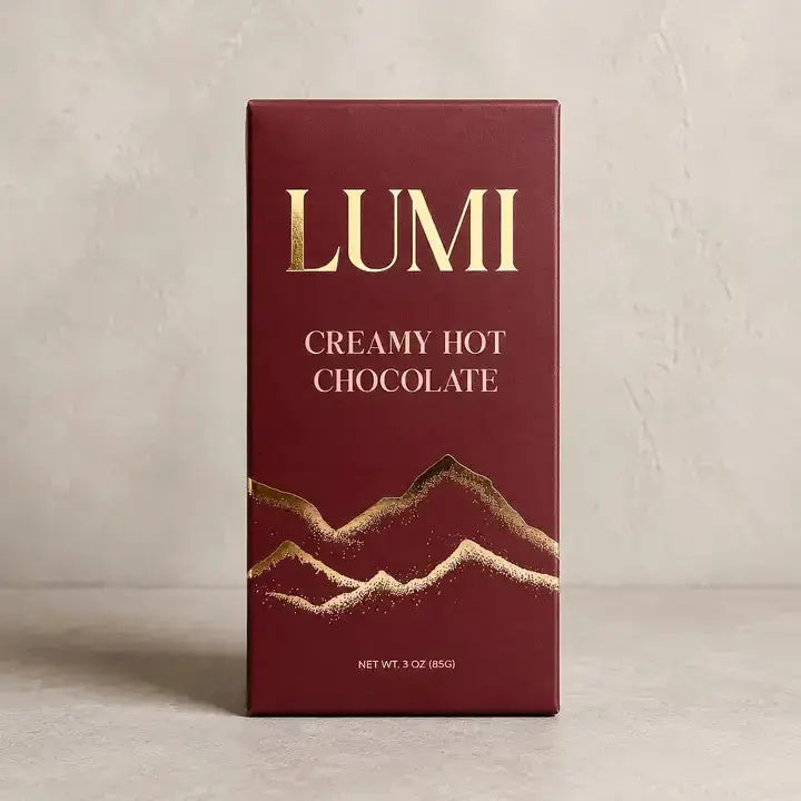 LUMI creamy hot chocolate package on a neutral background