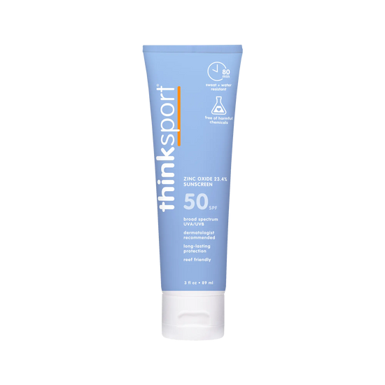 thinksport sunscreen tube on a white background