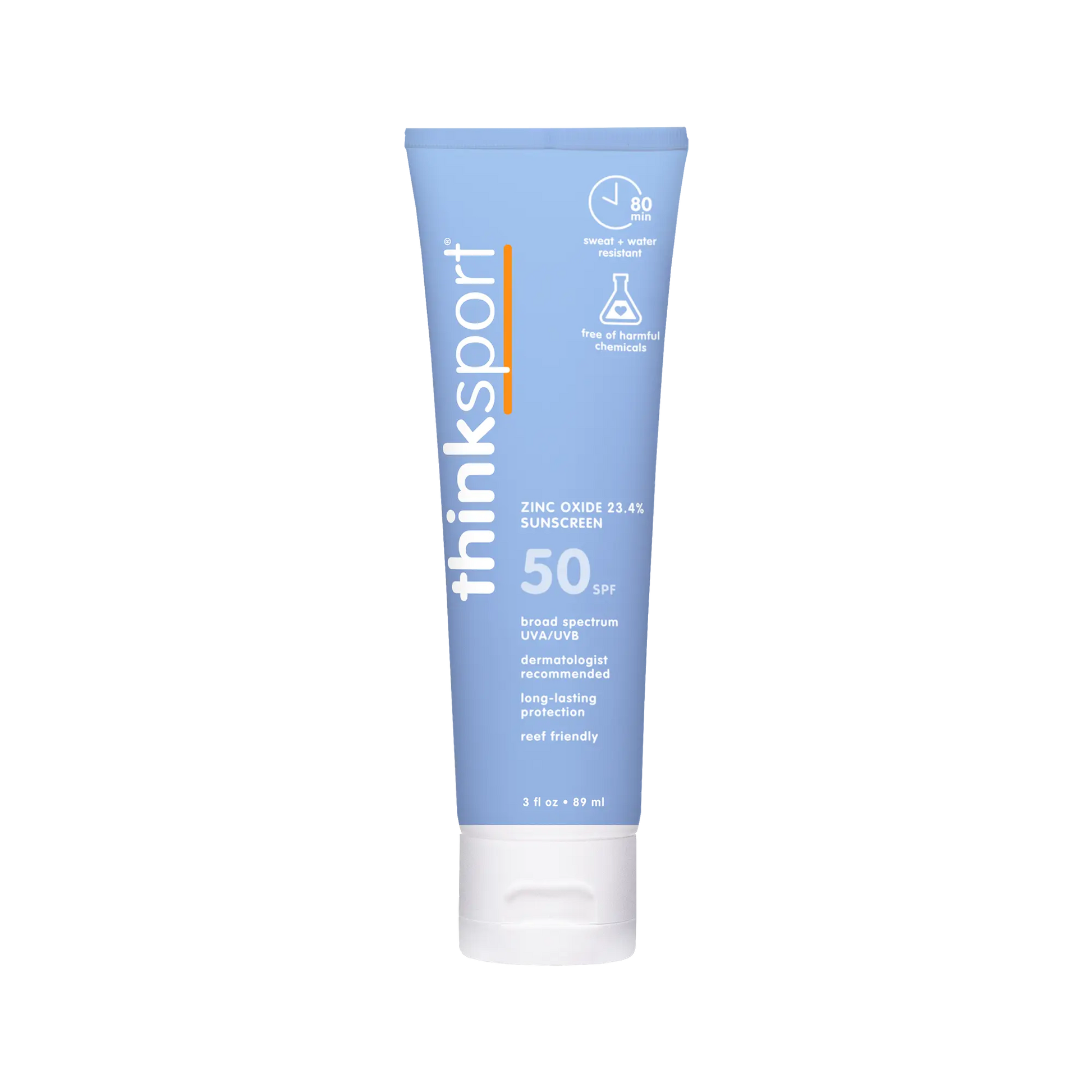 thinksport sunscreen tube on a white background