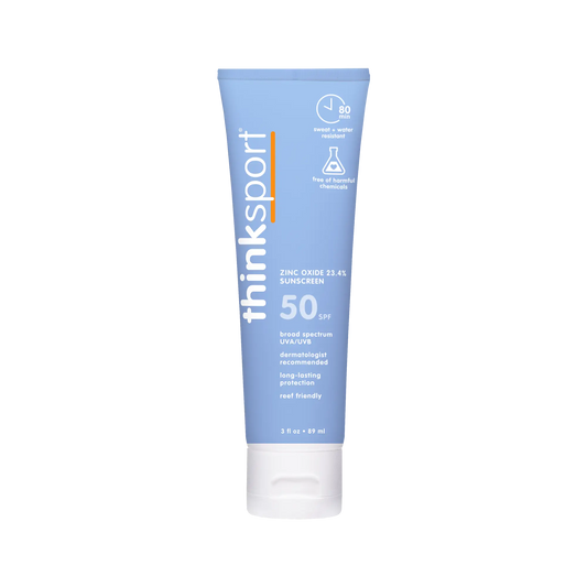 thinksport sunscreen tube on a white background