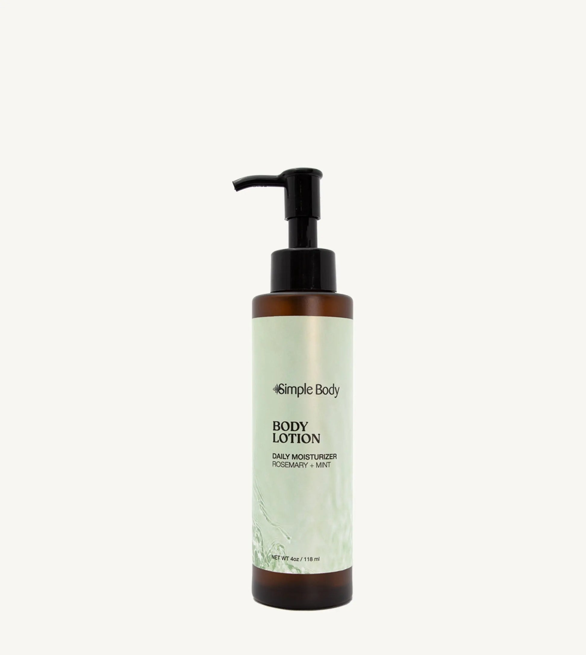 Simple Body Rosemary Mint body lotion bottle with pump on a tan background
