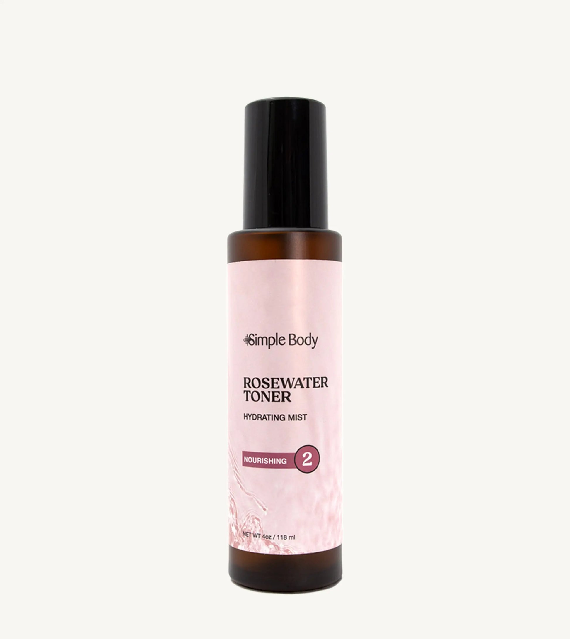 A bottle of Rosewater Face Toner by Simple Body. The bottle is amber transparent with a black cap.