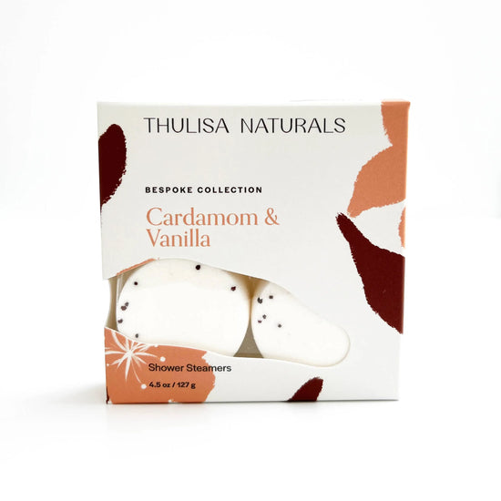 Thulisa Naturals Cardamom & Vanilla shower steamers packaging on a white background