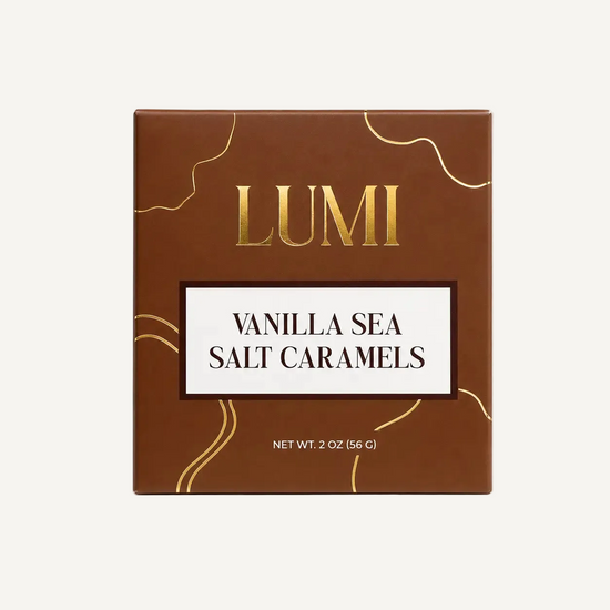 Box of LUMI Vanilla Sea Salt Caramels on a white background
