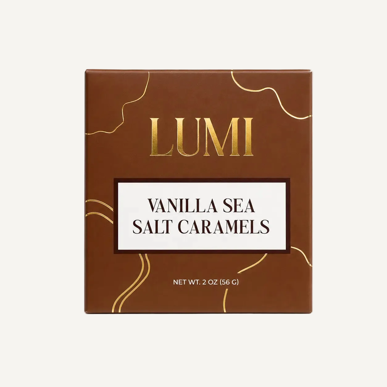 Box of LUMI Vanilla Sea Salt Caramels on a white background
