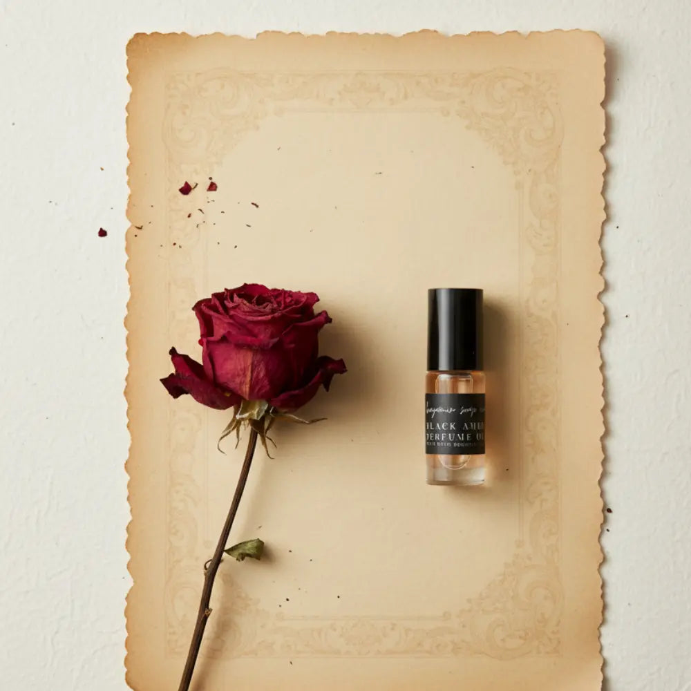 Dried red rose and a small bottle of perfume on an ornate piece of paper.
