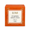 LUMI Pumpkin Spice Chai herbal tea box, featuring an orange packaging design with gold pumpkin illustrations and a central white label with gold and black text.