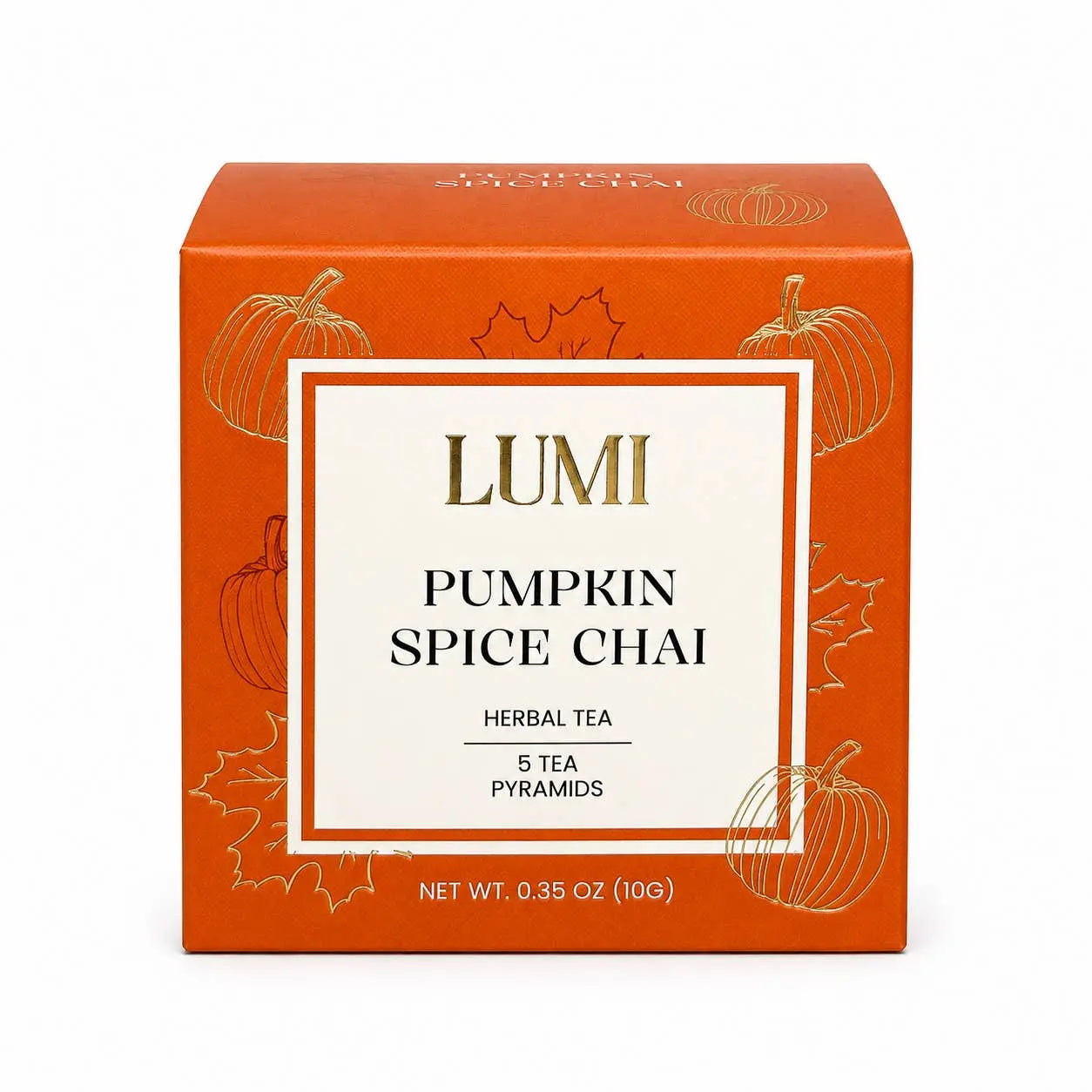 LUMI Pumpkin Spice Chai herbal tea box, featuring an orange packaging design with gold pumpkin illustrations and a central white label with gold and black text.