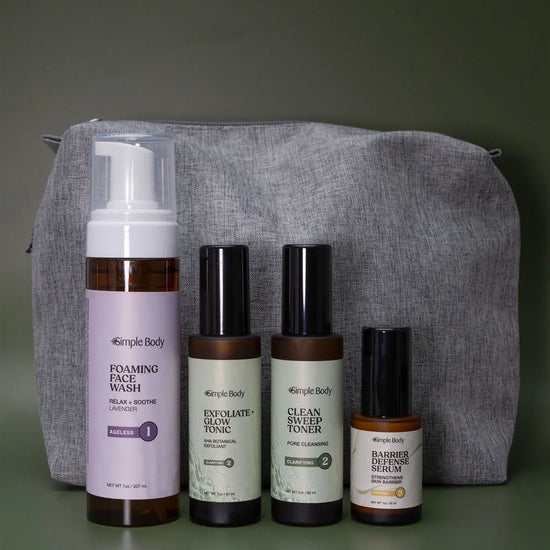 An Acne Skincare Kit that includes a Foaming Face Wash, Exfoliate and Glow Botanical Exfoliant, Clean Sweep Toner, Barrier Defense Serum and a gray cosmetic bag with a green background