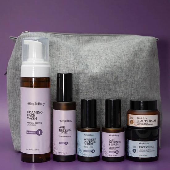 An Age Supporting Skincare Kit including a Foaming Face Wash, Age Defying Tonic, Wrinkle Defense Serum, Age Defense Serum, Beauty Balm, and Face Cream with a gray cosmetic bag on a purple background+