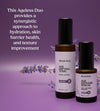 Two products bottles labeled 'Age Defying Tonic' and 'Age Defense Serum' by Simple Body on a purple background with text about their benefits.