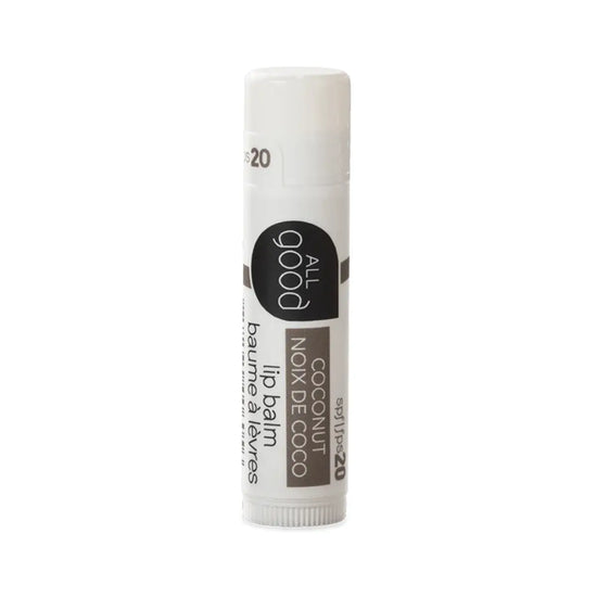 Coconut Lip balm stick with 'all good' branding on a white background